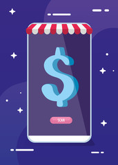 smartphone with tent and dollar design of Commerce market store shop retail buy paying banking and consumerism theme Vector illustration