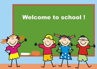 Fototapeta na wymiar Four school children in front of chalkboard, funny vector illustration