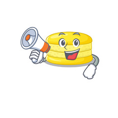 A mascot of lemon macaron speaking on a megaphone
