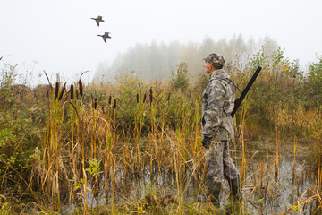 the hunter looks at the passing ducks