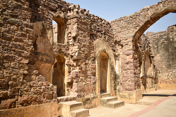 Naklejka premium Old Historical Golconda Fort Ruined Walls in India Background stock photograph