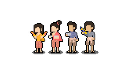 Pixel art cartoon Songkran festival character set.