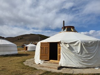 Mongolia Field Plains Sky Nature Scenery and a traditional house