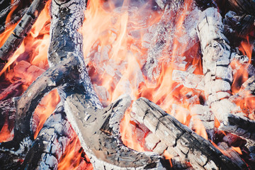The burning charcoal. Hot fire close-up. Burning wood close-up. View of the fireplace inside.