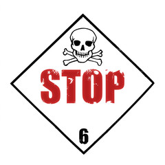 danger sign with a skull with the word stop, inside the rhombus shape frame, isolated on white background