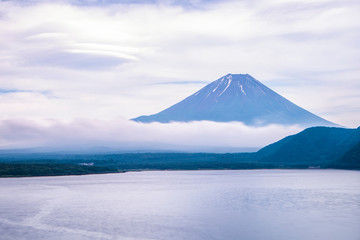 Fuji mountain in summer cloudy day at Motosuko Lake, Japan