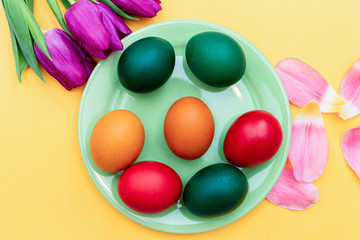 Easter eggs with tulips on a green dish on a yellow background.