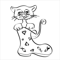 vektor illustration funny cat are sitting in boot . coloring for children,contour drawing of a cute animal. pet waiting for its mistress, isolation on white background.