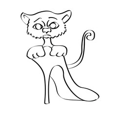 vector illustration funny cats are sitting in shoes. coloring for children, contour drawing of a cute kitten. pet waiting for its mistress.
