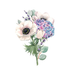 Plakaty  Piękny delikatny bukiet z akwarelowymi fioletowymi kwiatami hortensji i białymi zawilcami z lawendą. Ilustracji. Tle kwiatów.