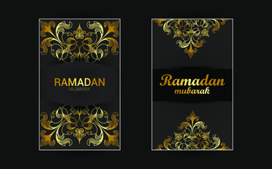 Ornate vector banner, vintage lanterns for Ramadan wishing. Outline golden decor in Eastern style. Islamic background.Ramadan Kareem greeting card, advertising, discount, poster.