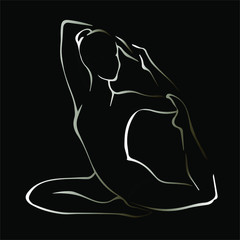 image of a sports girl gymnast in a graceful pose contour line. vector illustration.isolated on black background. О