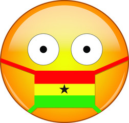 Yellow scared emoji in Ghanaian medical mask protecting from SARS, coronavirus, bird flu and other viruses, germs and bacteria and contagious disease as well as toxic smog in Ghana.