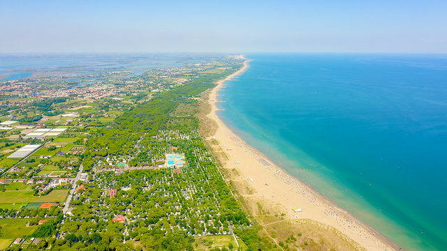 Venice, Italy. Beaches of Punta Sabbioni. Cavallino-Treporti. Clear sunny weather, Aerial View