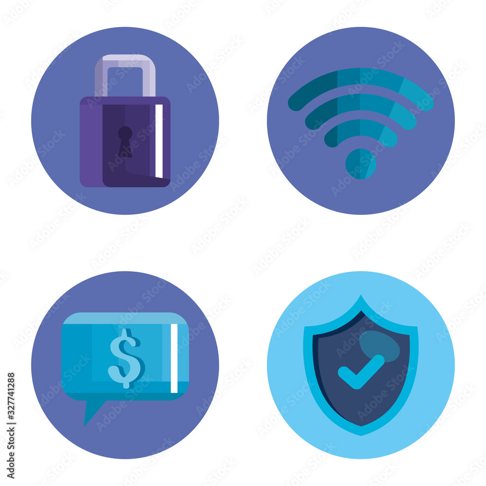 Poster padlock dollar wifi and shield design of security system warning protection danger web alert and saf