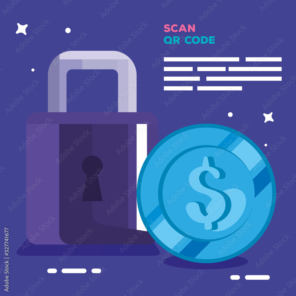 Poster padlock and coin design of security system warning protection danger web alert and safe theme vector
