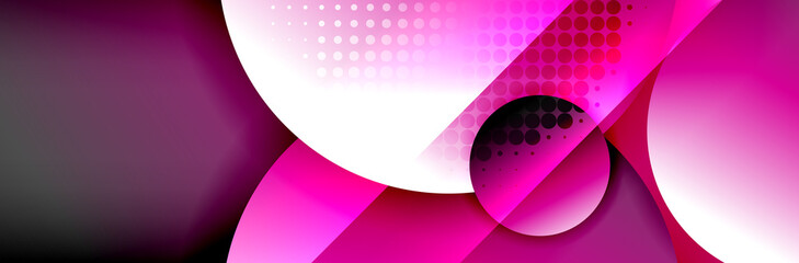 Dynamic trendy geometrical abstract background. Circles, round shapes 3d shadow effects and fluid gradients. Modern overlapping round forms