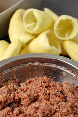 Making stuffing from minced meat and rice. Making Stuffed Peppers Series.