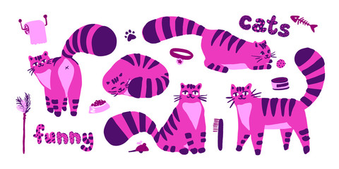 Funny shy pink cats, set of illustrations color characters isolated on a white background. Flat hand drawn cartoon style