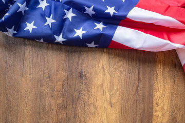 Top view of American flag on wooden background with copy space for text. 4th of july Independence day. Celebrate American National Day. Labor Day. Memorial Day