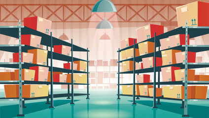 Warehouse interior with cardboard boxes on metal racks. Vector cartoon illustration of empty storage room interior with goods, cargo and parcels on shelves. Storehouse in store, garage, market - obrazy, fototapety, plakaty