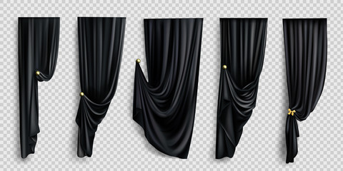 Black window curtains set, folded cloth for interior decoration isolated on transparent background. Soft lightweight clear material, fabric drapery of different forms. Realistic 3d vector illustration