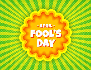 April Fool's Day pop art comic banner template. Vector funny postcard. Decorative swirl stripes background for april fool's holiday in bright juicy colors. For posters, flyers, social media.