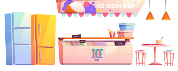 Ice cream shop or cafe interior equipment set. Fridge showcase with variety of flavors, refrigerators, coffee table with chairs and lamps above isolated on white background cartoon vector illustration