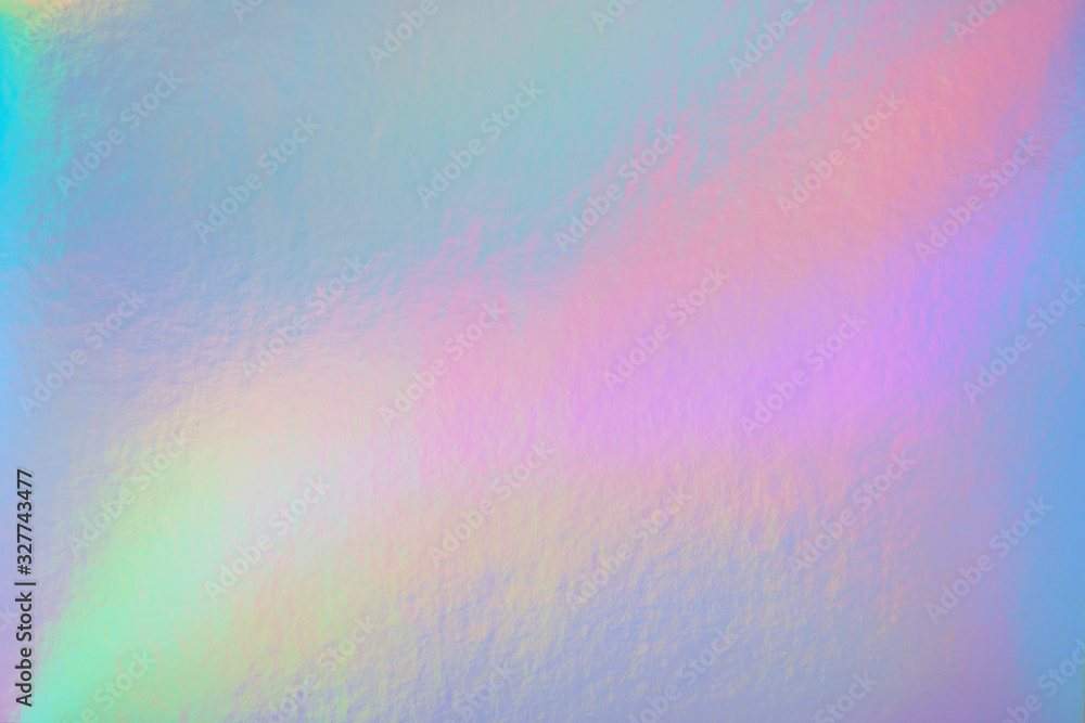 Poster Abstract trendy rainbow holographic background in 80s style. Blurred texture in violet, pink and mint colors with scratches and irregularities. Pastel colors.