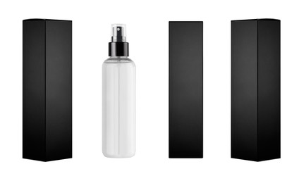 Mock up for design of packing cosmetics product - tall transparent spray bottle and black paper boxes of different sides, isolated.