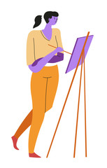 Fototapeta premium Woman painting on canvas and easel, isolated female character