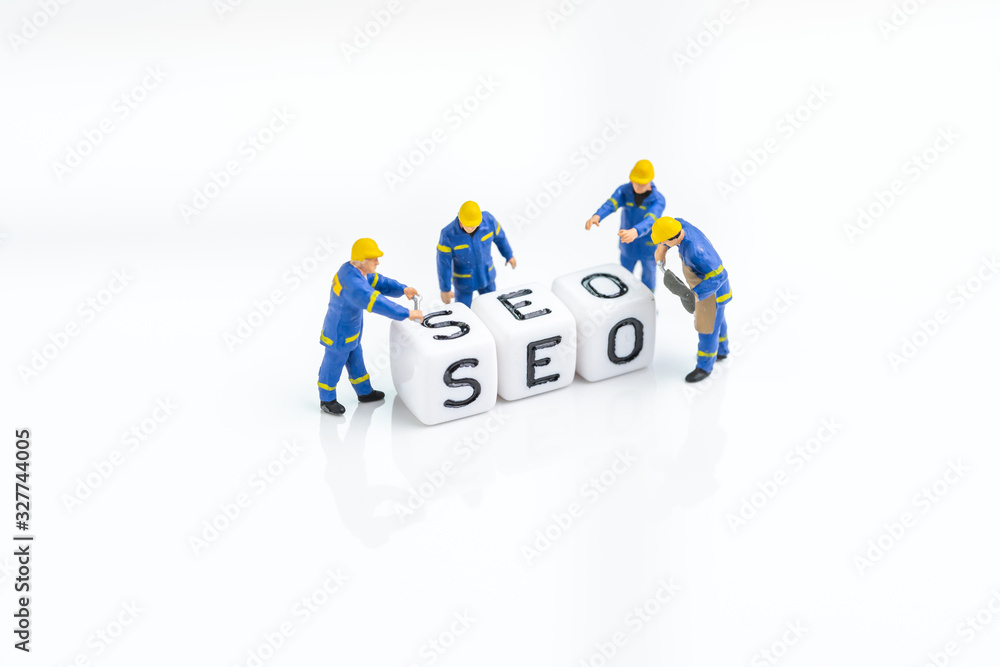Poster seo, search engine optimization, building the website with keywords concept, miniature people techno