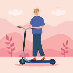 young man in scooter avatar characters vector illustration design