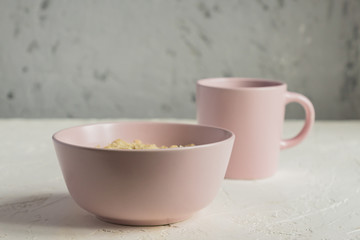 Morning otmeal for brackfast and cup of teaa. Copy space for text