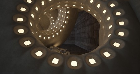 Architectural background. Abstract concrete interior with smooth chrome discs. Neon lighting. 3D illustration and rendering.