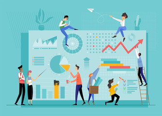 Vector flat illustration of business, office workers are studying the infographic, creative teamwork with dashboard. Data analysis, and office situations.