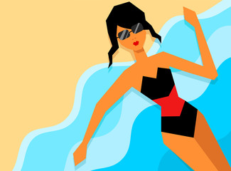 Young beautiful latin girl with black hair, sunglasses and a black swimsuit with a red belt lies on a beach with sand and sea waves. Vector graphics, illustration