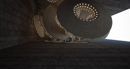 Architectural background. Abstract concrete interior with smooth chrome discs. Neon lighting. 3D illustration and rendering.