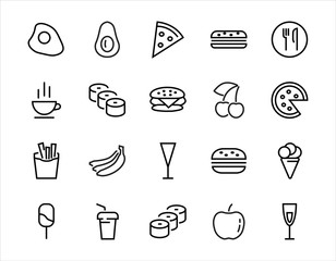 A simple set of fast food icons related to the vector line. Contains icons such as pizza, burger, sushi, bike, scrambled eggs and more. EDITABLE stroke. 480x480 pixels perfect, EPS 10