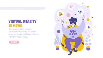 Virtual reality movie. A man watches movie with 3D glasses vector landing page template