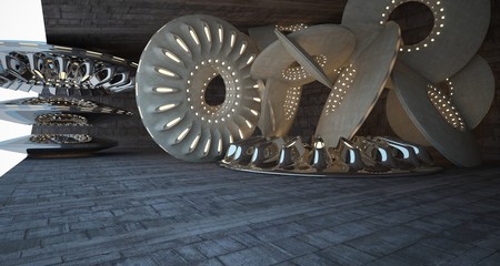 Architectural background. Abstract concrete interior with smooth chrome discs. Neon lighting. 3D illustration and rendering.