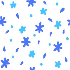 Cute floral seamless pattern on a white background. Hand drawn pattern of small blue flowers, petals and dots. Bright, textural, floral background for your design.