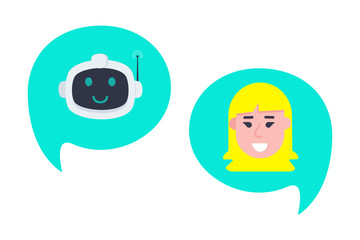 Robot chatbot head icon sign in the speech bubble talking with girl flat style design vector illustration isolated on white background. Cute AI bot helper mascot character concept business assistant.