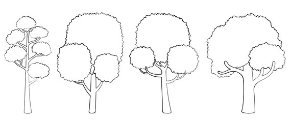 Set of vector silhouette of a deciduous tree. Stylized outline for logo design, decorating clothes, tatoo or postcards