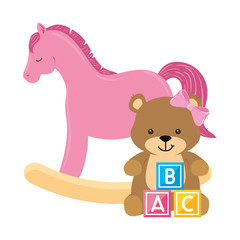 wooden horse toy pink with bear female and cubes toy vector illustration design
