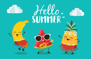 Hello Summer with cute banana, watermelon and pineapple character enjoying summer. 