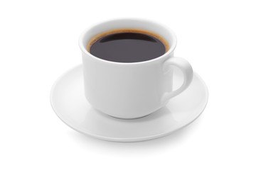 Closeup side view of a cup of fresh aromatic morning black coffee isolated on a white background