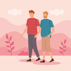 young men in landscape avatar character vector illustration design