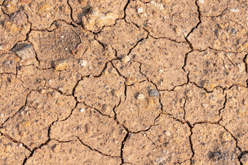 Surface of dry drought soil and ground cracked top view background.