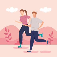 woman on roller skates and man running vector illustration design
